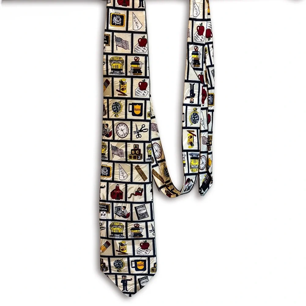 VTG Museum Artifacts 100% Silk Mens Tie Teacher Education Novelty Print